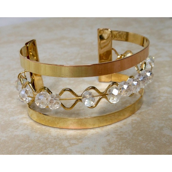 Vintage Art Deco Style Rhinestone Gold Tone Cuff Bracelet , Sliding Beads - Picture 2 of 6